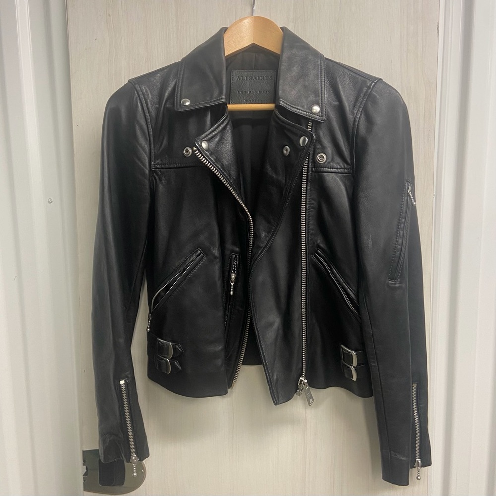All Saints Black Leather Moto Jacket size 4